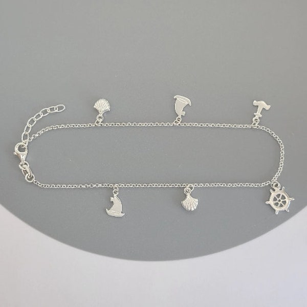 Sea Travel Charms Anklet, 925 Sterling Silver Jewelry, Sailboat Charm Anklet, Beach Ankle Jewelry, Dangle Seashell Anklet, Summer Anklet.