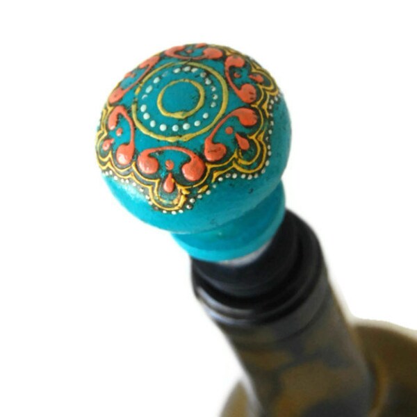 Unique Turquoise Henna Pattern Wine Stopper