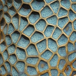 May include: Close-up of a textured surface with a honeycomb pattern. The cells are filled with a speckled blue material, and the borders are a warm, earthy brown. The design has a natural, organic feel.
