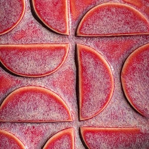 May include: Close-up of a decorative tile pattern featuring semi-circular shapes in shades of red and pink. The design has a textured, speckled appearance, creating a unique visual effect. The tiles are arranged in a repeating pattern.