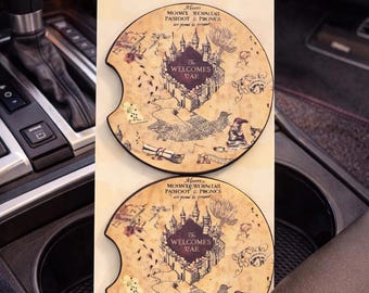 Wizard Map Car Coasters set of 2 – Marauder Style Car Cup Holder Coasters – Wizarding World Decor -soft and absorbent