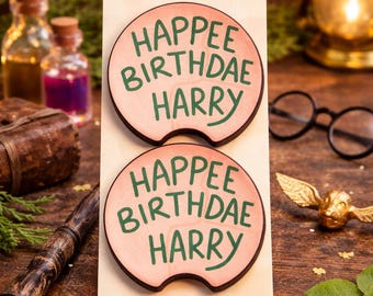 Funny Wizard Car Cup Coasters – Set of 2 | “Happee Birthdae Harry” Car Coasters | Absorbent & Washable | Car Accessories for Potter Fans