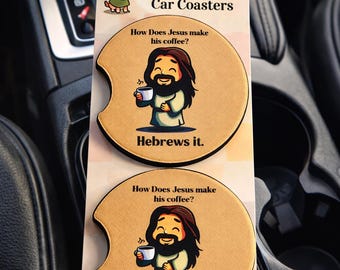 Funny Car Cup Holder Coasters for Christians– Set of 2 | “Hebrews It” Jesus Coffee Coasters -neoprene coasters for car