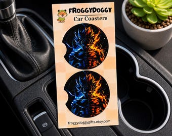 Anime Inspired Car Coasters Set of 2 – Saiyan Inspired Fire & Ice Cup Holder Coasters – Gift for Anime Fans