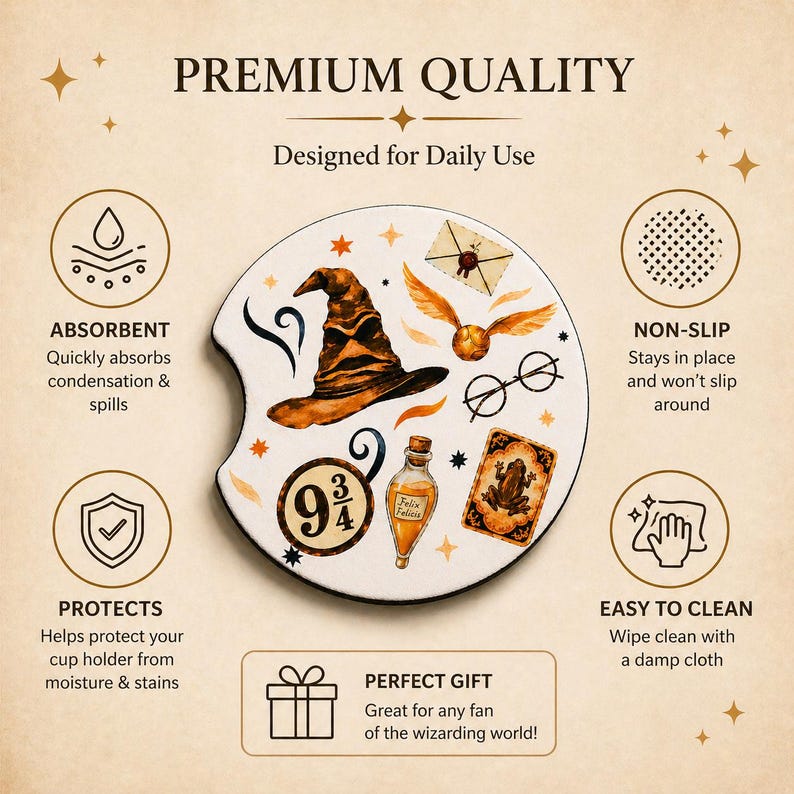 May include: A white car coaster featuring iconic imagery from a fantasy series, including a sorting hat, glasses, and a potion bottle. The coaster is designed for daily use and is absorbent and non-slip.
