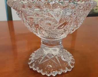 Sparkling antique 1950s Imperial Glass Co. "Nucut" Pedestal Dish w/ IG imprint.  Bellaire, Ohio.