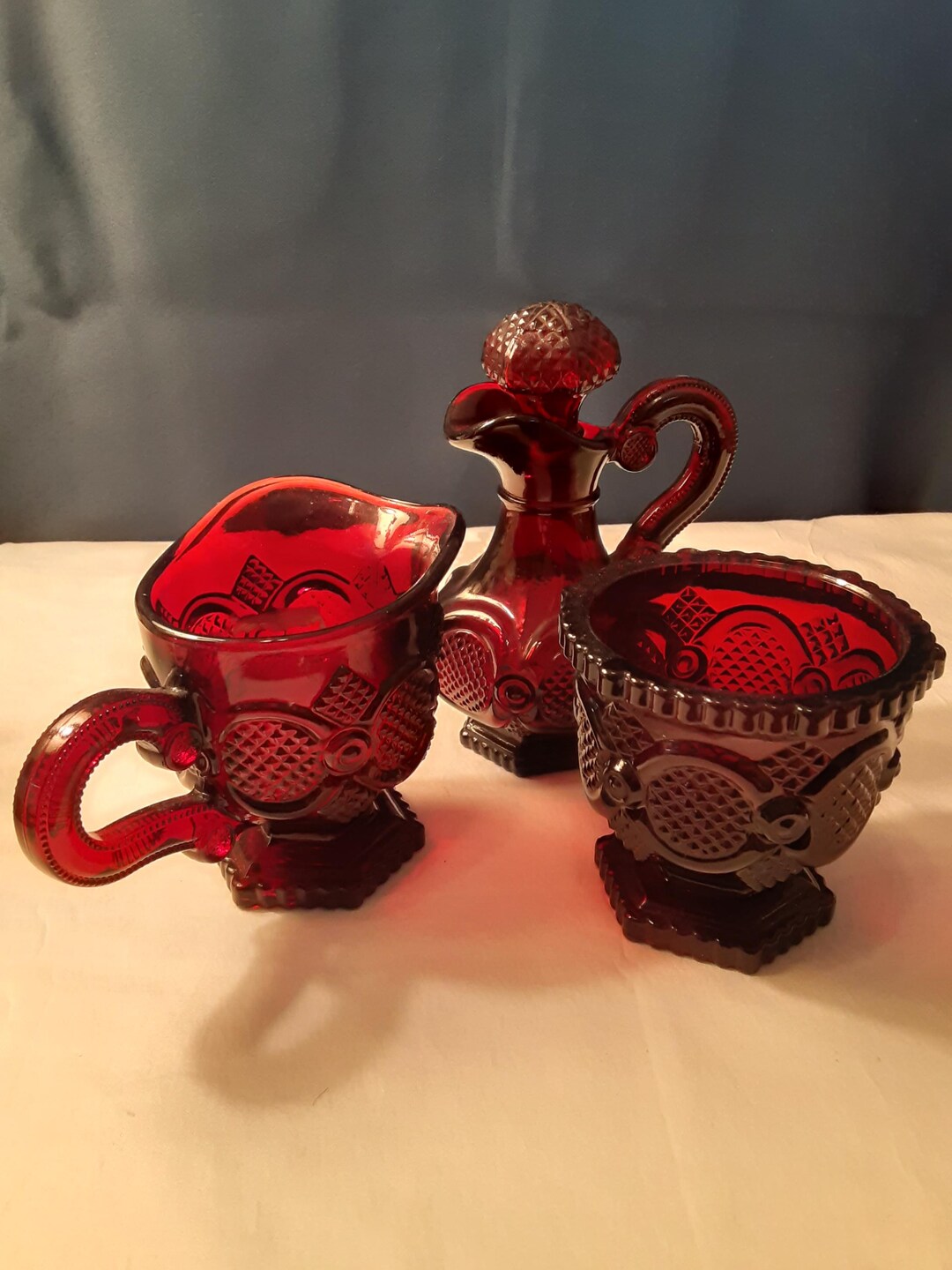 Avon Deep Ruby 1876 Cape Cod Cream & Sugar and Cruet Set. Cruet is 5.5 ...