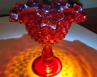 Vintage 1970s Fenton ruby amberina hobnail candy dish