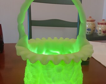 Antique Fenton lime custard ruffled poppy basket. Remarkable old glass art piece in excellent condition.