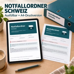 May include: A digital tablet and a printed document displaying the Notfallordner Schweiz emergency folder template. The dark teal binder in the background is labeled Notfallordner Schweiz. The documents feature fields for personal data.