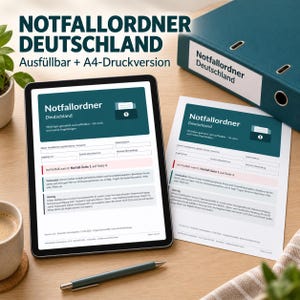 May include: A dark teal binder labeled Notfallordner Deutschland, a tablet displaying a digital emergency document, and a printed A4 sheet with the same text. The document includes fields for personal information and emergency instructions in German.