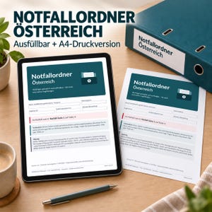 May include: A digital tablet and a printed document both titled Notfallordner Österreich, alongside a dark teal binder with the same label. The documents feature form fields for personal data, emergency instructions, and a dark teal header.