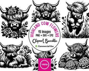 May include: A set of 13 black and white illustrations of Highland cows with flowers. The illustrations are in a clipart style and are perfect for commercial use.