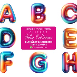Pacote de clipart de letras de balão, cartas de aniversário, clipart de festa, números 3D, letras de doodle, fonte de doodle, letras 3D, pacote de clipart