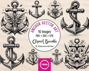 May include: A set of 10 black and white anchor illustrations. The anchors are in various styles, including anchors with flowers, rope, and a steering wheel. The text "ANCHOR VECTOR ART" is in a banner above the anchors. The text "10 Images" is below the banner. The text "PNG + SVG + EPS" is below the "10 Images" text. The text "Clipart Bundle" is below the "PNG + SVG + EPS" text. The text "Commercial Use" is below the "Clipart Bundle" text.