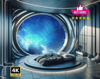 May include: A futuristic bedroom with a large circular window overlooking a starry sky. The bed is on a raised platform with a black comforter and white pillows. The room is decorated in a modern style with sleek lines and metallic accents.
