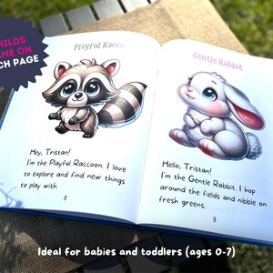 May include: An open book with colorful illustrations of a raccoon and a rabbit. The text on the page reads "Hey, Tristan! I'm the Playful Raccoon. I love to explore and find new things to play with." and "Hello, Tristan! I'm the Gentle Rabbit. I hop around the fields and nibble on fresh greens."