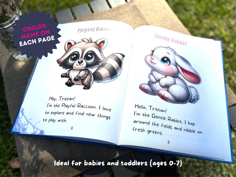 May include: An open book with colorful illustrations of a raccoon and a rabbit. The text on the page reads "Hey, Tristan! I'm the Playful Raccoon. I love to explore and find new things to play with." and "Hello, Tristan! I'm the Gentle Rabbit. I hop around the fields and nibble on fresh greens."