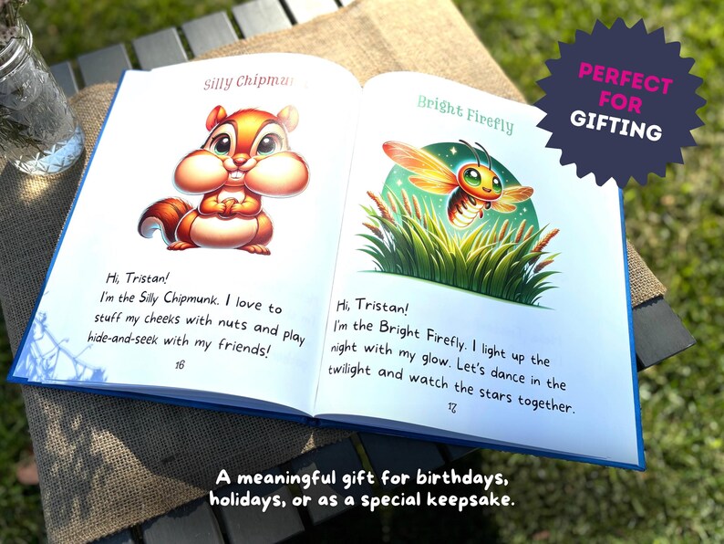 May include: An open book with colorful illustrations of a chipmunk and a firefly. The book has blue pages and the text reads "Hi Tristan! I'm the Silly Chipmunk. I love to stuff my cheeks with nuts and play hide-and-seek with my friends!" and "Hi, Tristan! I'm the Bright Firefly. I light up the night with my glow. Let's dance in the twilight and watch the stars together."