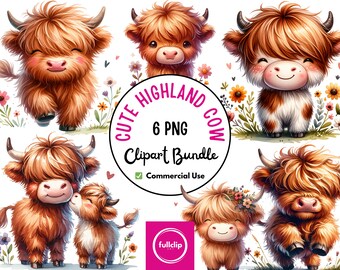 かわいいハイランド牛の保育園のクリップアート バンドル、ハイランド牛の保育園、ハイランド牛の PNG、牛の保育園の装飾、プレイルームの装飾、保育園の壁用デカール