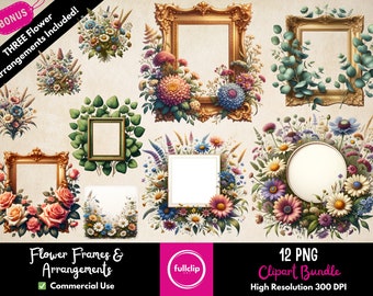 Vintage Flower Frames Clip Art Wedding Graphics, Wild Flower Clipart Frame, Flower Borders PNG, Floral Frame Clipart, Wedding Flowers PNG