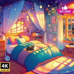 May include: A cozy bedroom with a bed draped in blue and purple bedding, a black cat sitting on the bed, and a window with a view of a sunset. The room is decorated with fairy lights, stars, and plants. The text "BEST CHOICE" is visible in the upper right corner of the image.
