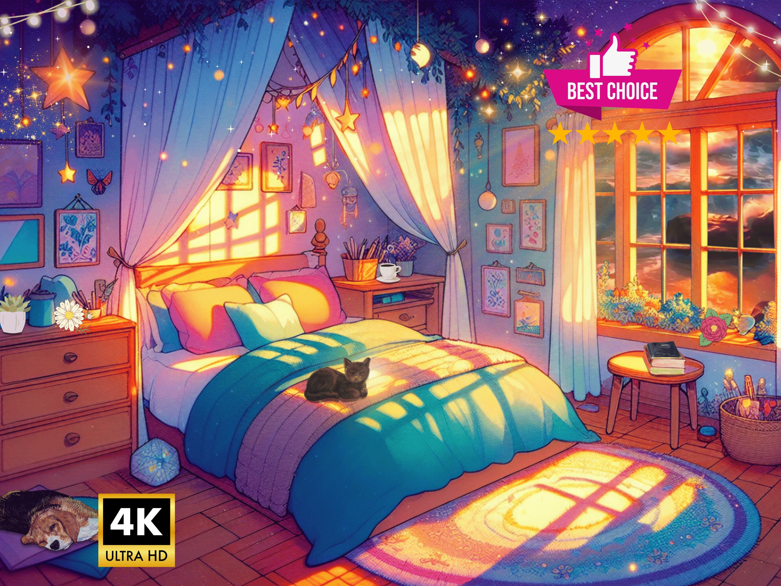 4K Animated Background - Lofi Magical Bedroom Seamless Loop for Streamers, VTubers, OBS, Zoom, Teams, Vtuber Assets, Vtuber Overlay