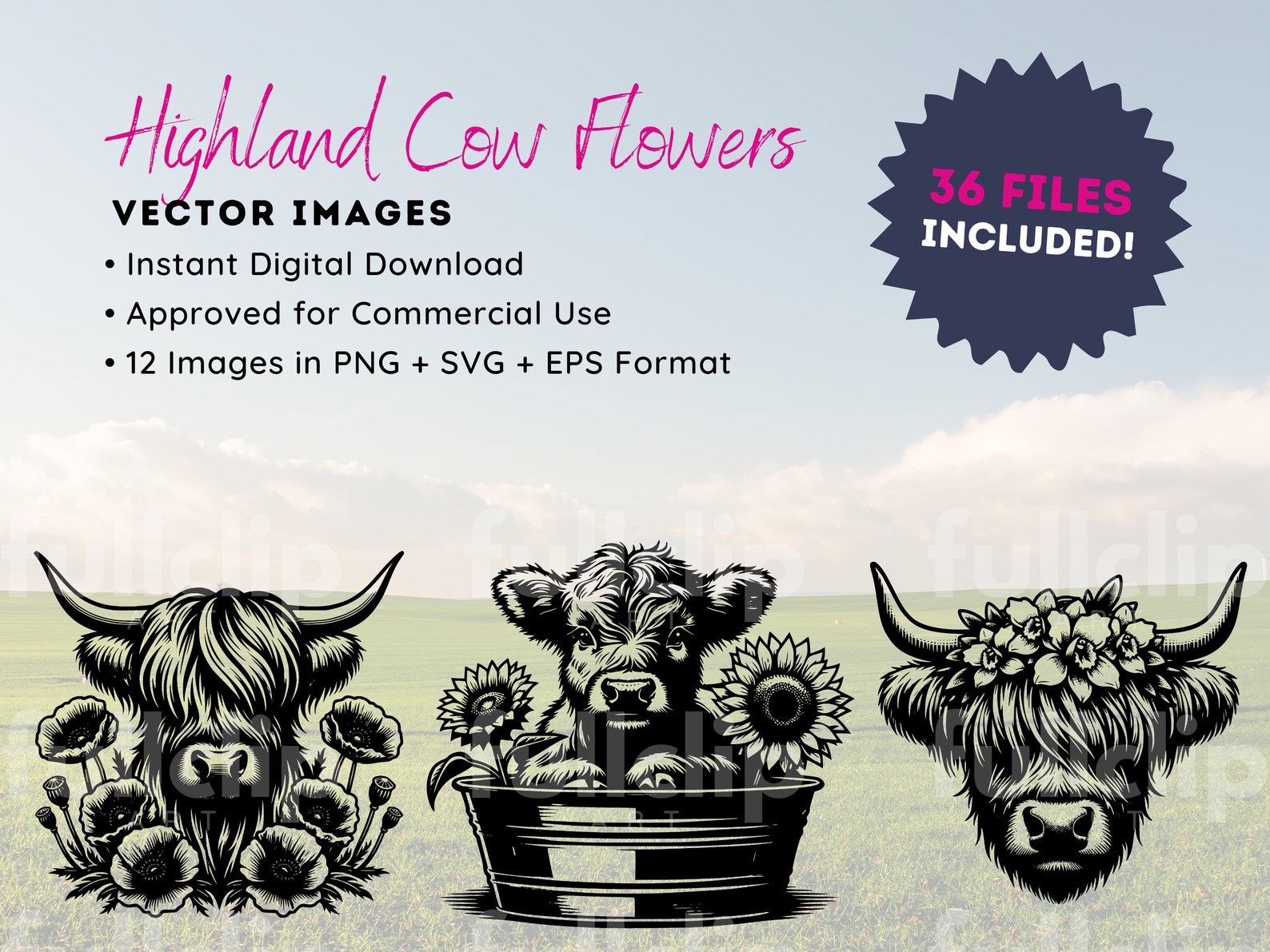 Highland Cow Flowers Vector Illustration Bundle, Highland Cow SVG ...