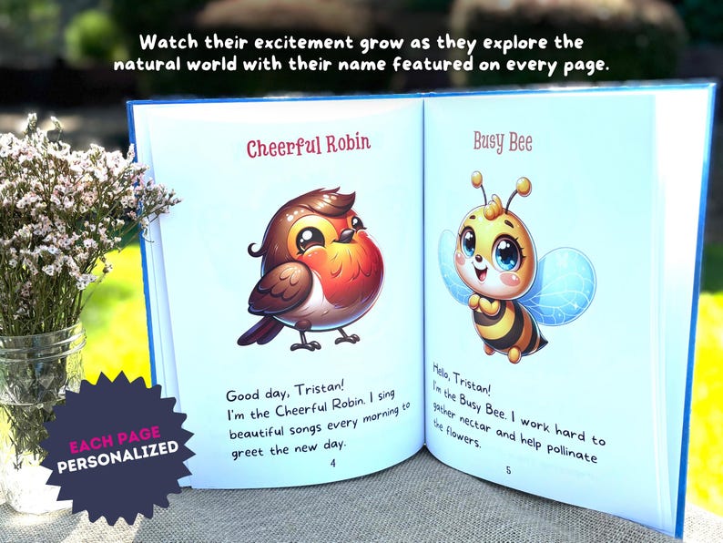 May include: A personalized children's book with colorful illustrations of a cheerful robin and a busy bee. The book features the name Tristan on each page, encouraging children to learn about nature.