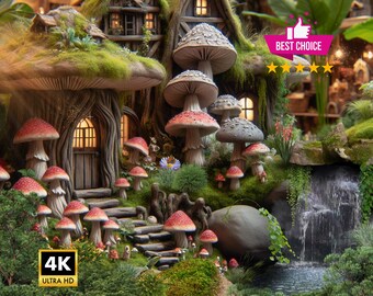 May include: A miniature fairy house with a mossy roof and a small wooden door. The house is surrounded by a variety of colorful mushrooms and a small waterfall.