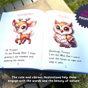 May include: An open book with colorful illustrations of a deer and an owl. The text reads "Friendly Deer" and "Wise Owl". The book is on a table with a green background.