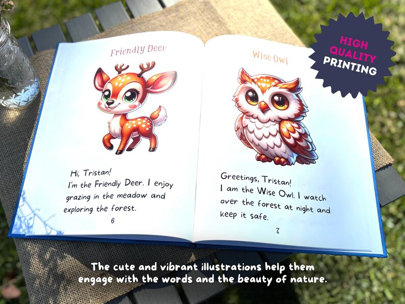 May include: An open book with colorful illustrations of a deer and an owl. The text reads "Friendly Deer" and "Wise Owl". The book is on a table with a green background.