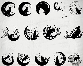 Cat and moon phases SVG, Magic cat svg,