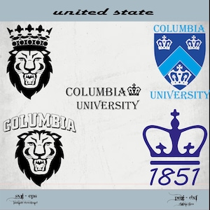 Puede incluir: Una ilustración en blanco y negro de una cabeza de león con una corona en la parte superior. El texto "COLUMBIA UNIVERSITY" está escrito debajo de la cabeza del león. Un escudo azul con tres coronas y el texto "COLUMBIA UNIVERSITY" está en la esquina superior derecha. Una corona azul con el texto "1851" está en la esquina inferior derecha.