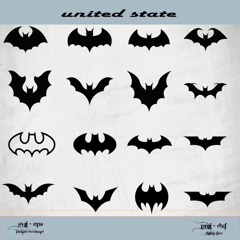May include: A collection of black bat silhouettes in various designs against a textured, off-white background. The image includes the text "united state" at the top and "SVG - EPS" and "PNG - DXF" at the bottom.