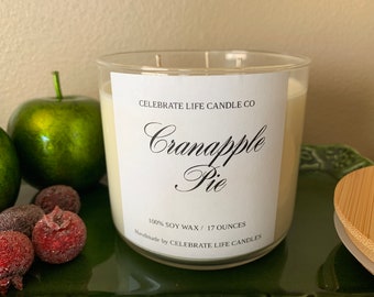 17 oz *CRANAPPLE PIE* Large 3 wick candle; premium scented 100% soy wax candle + Essential oils