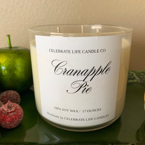 17 oz *CRANAPPLE PIE* Large 3 wick candle; premium scented 100% soy wax candle + Essential oils