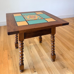 Antique Oak Tile Table, Spanish Revival Arts Crafts Side Table