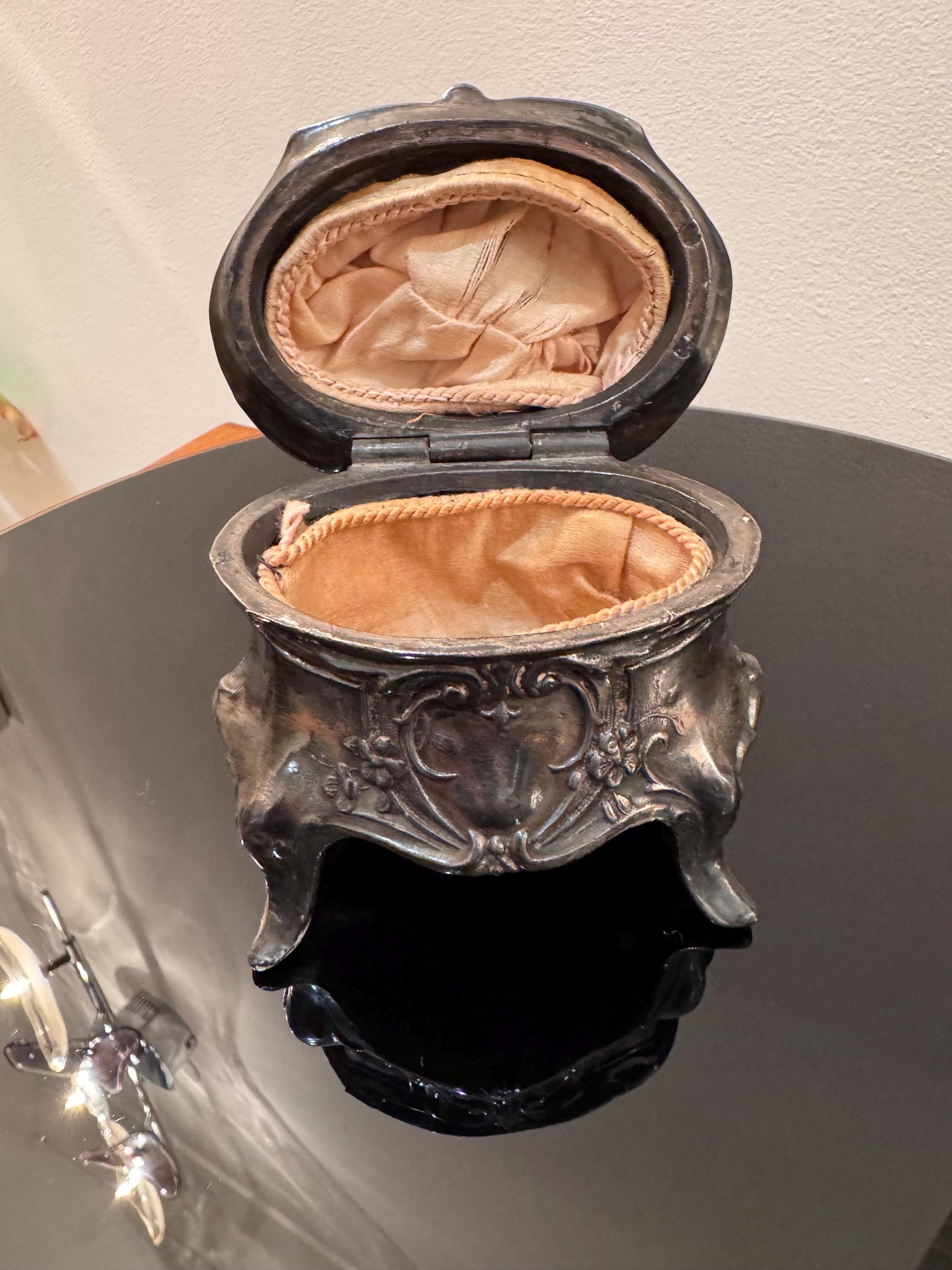 Antique Art Nouveau Jewelry Casket - Metal Trinket Box with Silk Lining