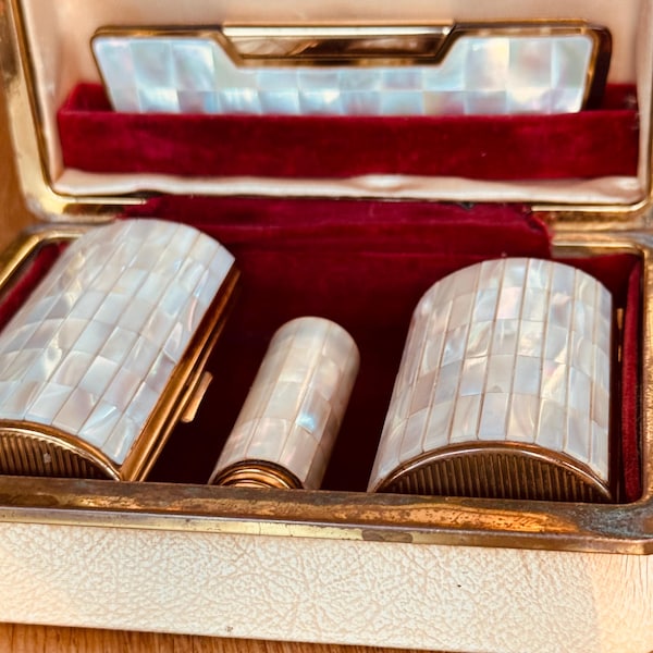 Kigu Mother of Pearl-vanity set- powder compact-cigarette case-lipstick case and comb with case and-presentation box vintage 1963