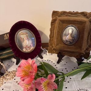Two vintage hand painted portrait miniatures in velvet frames one is signed-18th century ladies - ornate French rococo style great condition