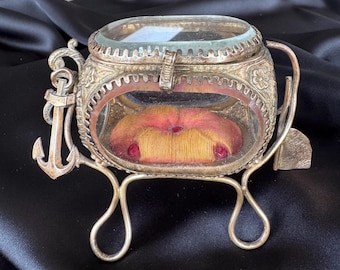 Antique French Ormolu Jewelry Casket, Nautical Style Beveled Glass