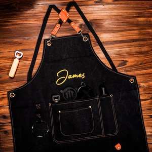 Canvas Workshop Apron with Pockets, Custom Gift for Him, Personalized Bar Apron, Embroidered Kitchen Apron, Barbeque Apron, Bartender Apron