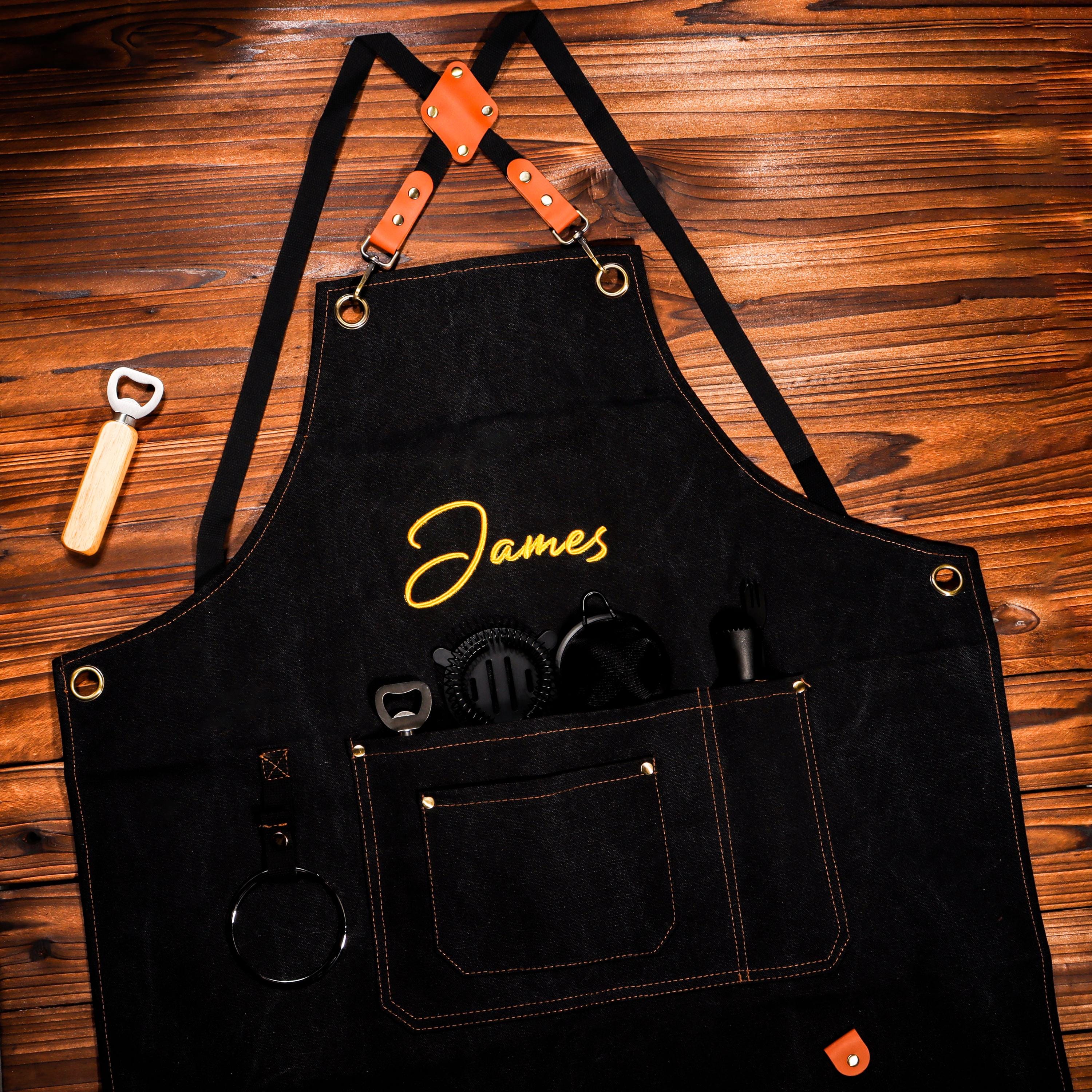 Personalized Bar Apron, Canvas Workshop Apron with Pockets, Custom Gift for Him, Embroidered Kitchen Apron, Barbeque Apron, Bartender Apron