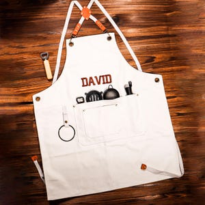 Canvas Workshop Apron with Pockets, Custom Gift for Him, Personalized Bar Apron, Embroidered Kitchen Apron, Barbeque Apron, Bartender Apron