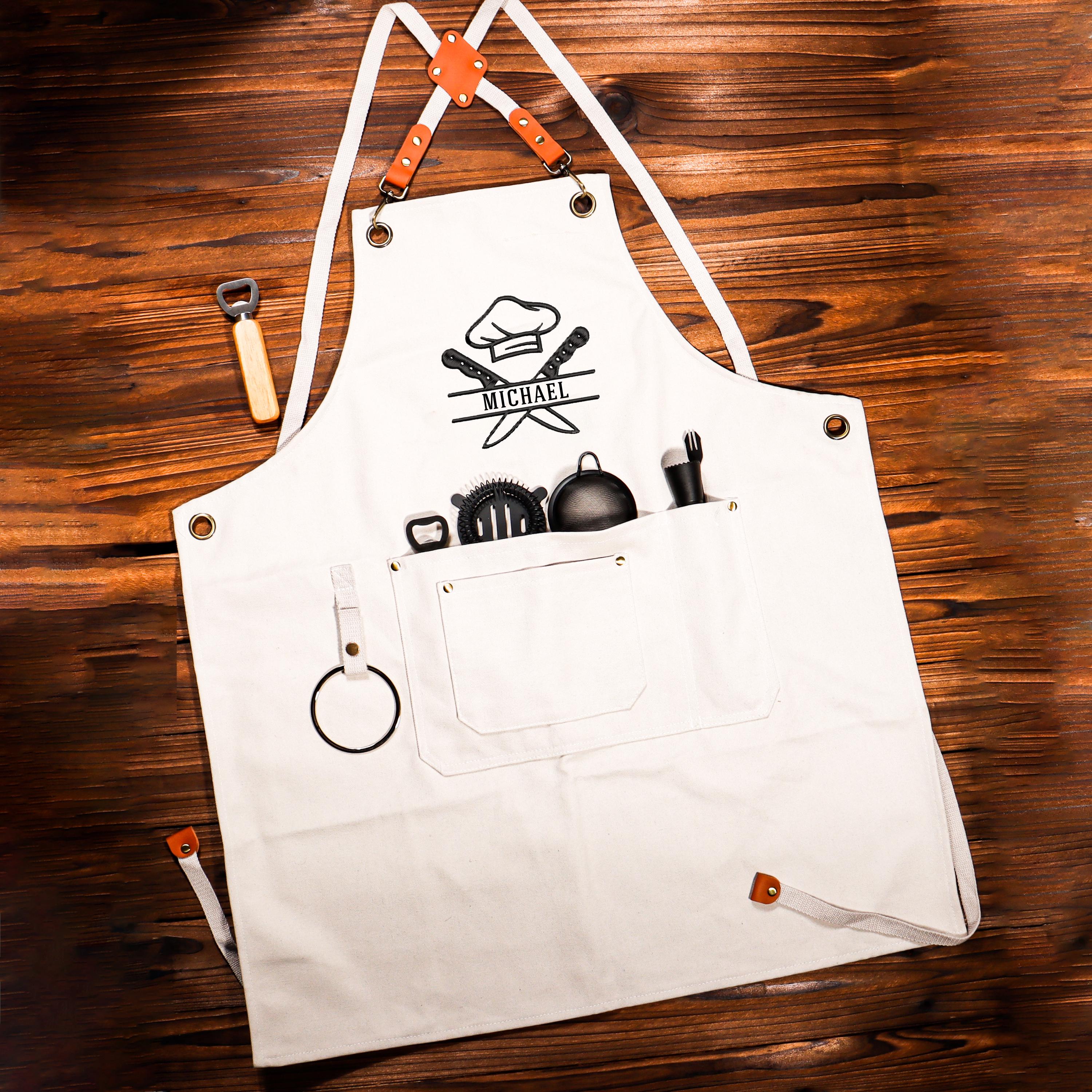 Personalized Bar Apron, Canvas Workshop Apron with Pockets, Custom Gift for Him, Embroidered Kitchen Apron, Barbeque Apron, Bartender Apron