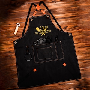 Personalized Embroidered Apron, Canvas Workshop Apron with Pockets, Custom Kitchen Apron, Gift for Him, Barbeque Apron, Bartender Apron