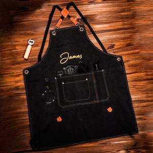 Personalized Canvas Apron, Custom Birthday Gift for Him, Bartender&#39;s Apron, Embroidered Apron for Cooking, Barbeque Apron, Men&#39;s Chef Apron