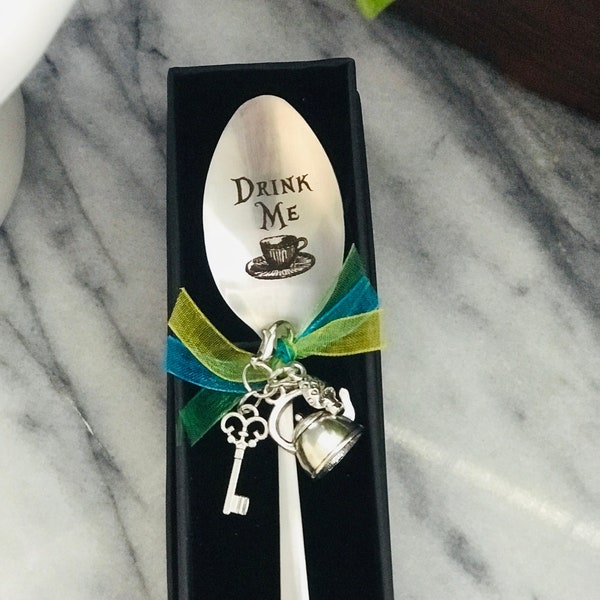 Alice In Wonderland Teaspoon | Drink Me Coffee Spoon | Alice In Wonderland Spoon with Charms | Coffee, Tea Gift | Alice Collectible Gifts