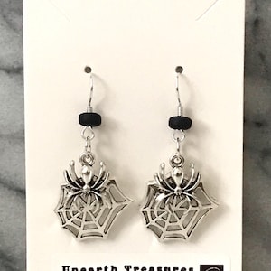 Spiderweb with Spider Dangle Earrings | Gothic Spider Web Earrings | Silver Spider Web Earrings | Handmade Halloween Earrings & Accessories